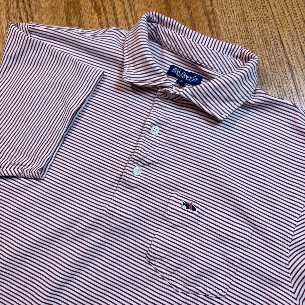 Fish Hippie Polo Shirt Mens Medium White Stripe Pocket Short Sleeve Pima Cotton